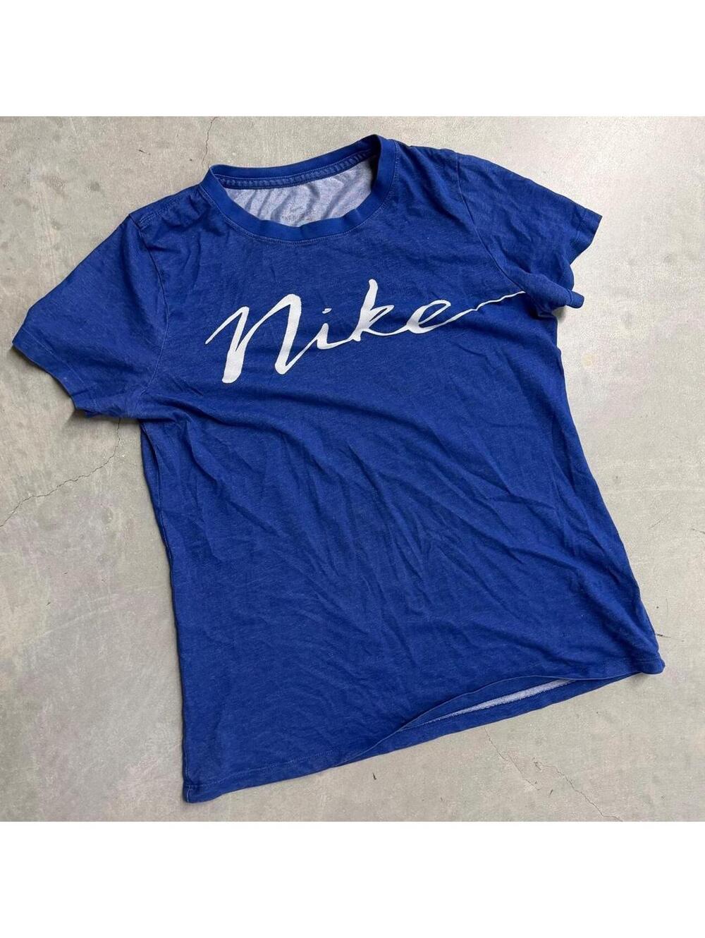Y2K Women's Blue Nike Spellout Dri Fit Workout Tee Sized